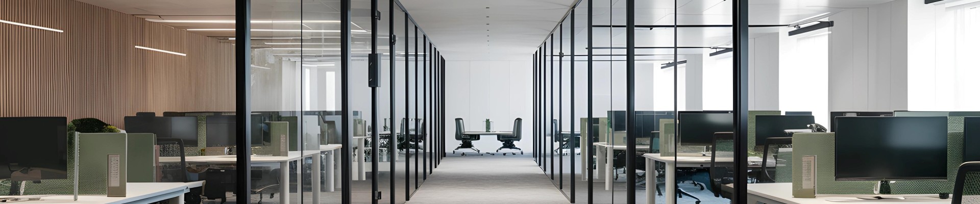 A modern workspace characterized by a sleek, minimalist design  The office showcases clean lines and an open layout, with glass partitions that create a sense of space and transparency 