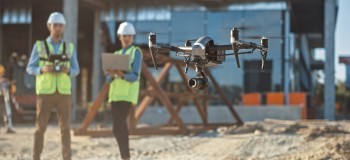 Diverse Team of Specialists Pilot Drone on Construction Site  Architectural Engineer and Safety Engineering Inspector Fly Drone on Commercial Building Construction Site Controlling Design