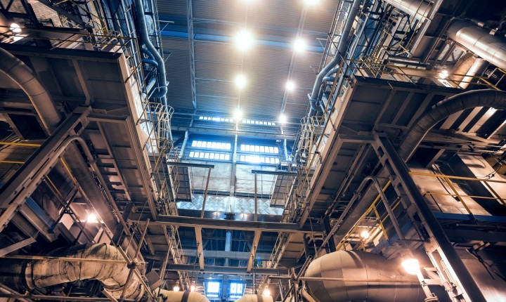 Interior of coal power plant. View from the ground floor