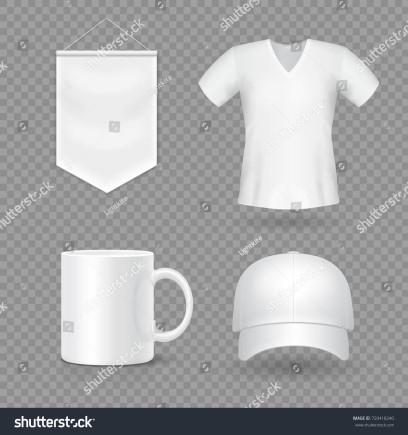 stock vector blank mock up promotional gifts realistic d cap mug t shirt and flag 720418240